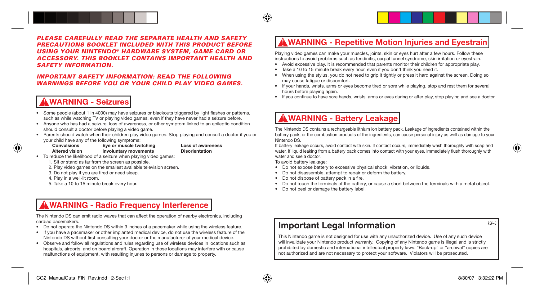 Important legal information, Warning - battery leakage, Warning - repetitive motion injuries and eyestrain | Disney Interactive Studios NTR-AU3E-USA User Manual | Page 2 / 6