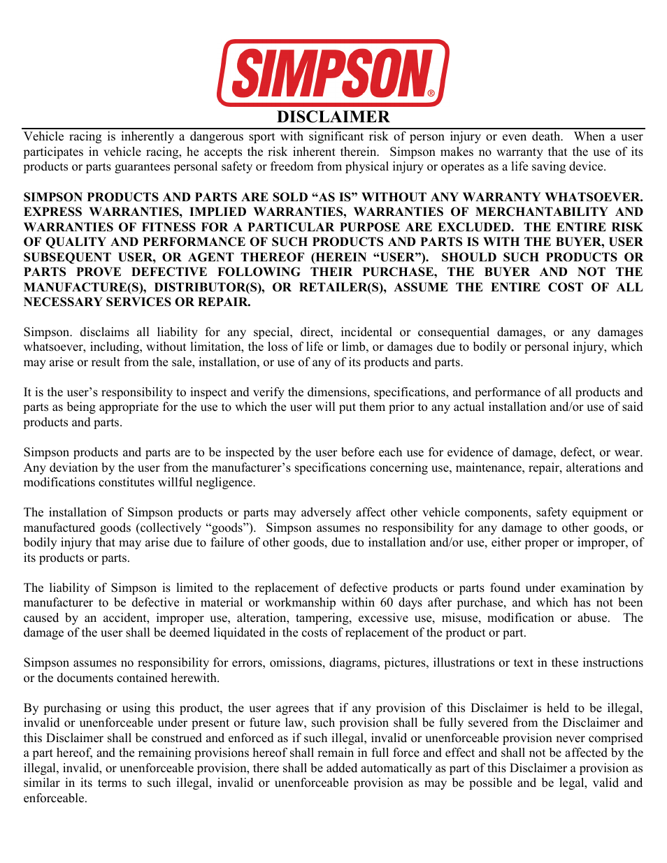Simpson DISCLAIMER User Manual | 1 page