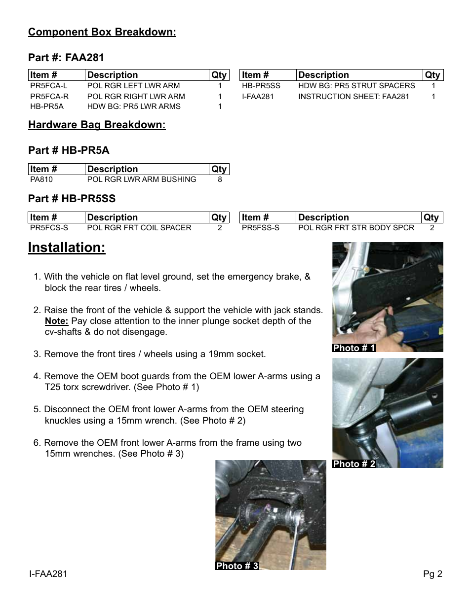 Installation, Part # hb-pr5ss | Skyjacker FAA281 User Manual | Page 2 / 6