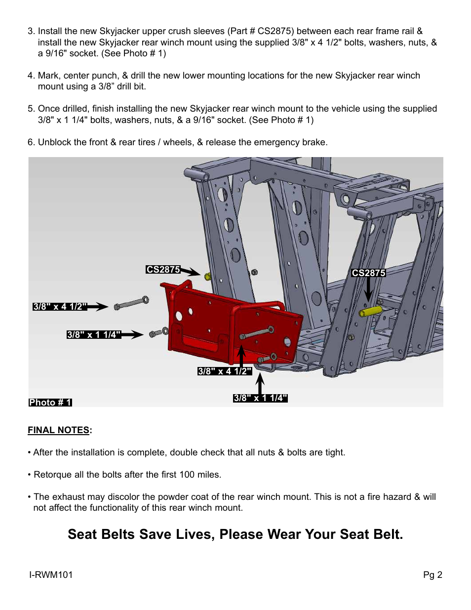 Seat belts save lives, please wear your seat belt | Skyjacker RWM101 User Manual | Page 2 / 2