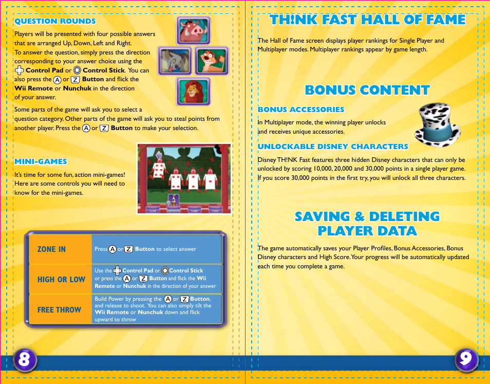 Th!nk fast hall of fame, Bonus content saving & deleting player data | Disney Interactive Studios Nintendo Wii TH!NK Fast User Manual | Page 6 / 6