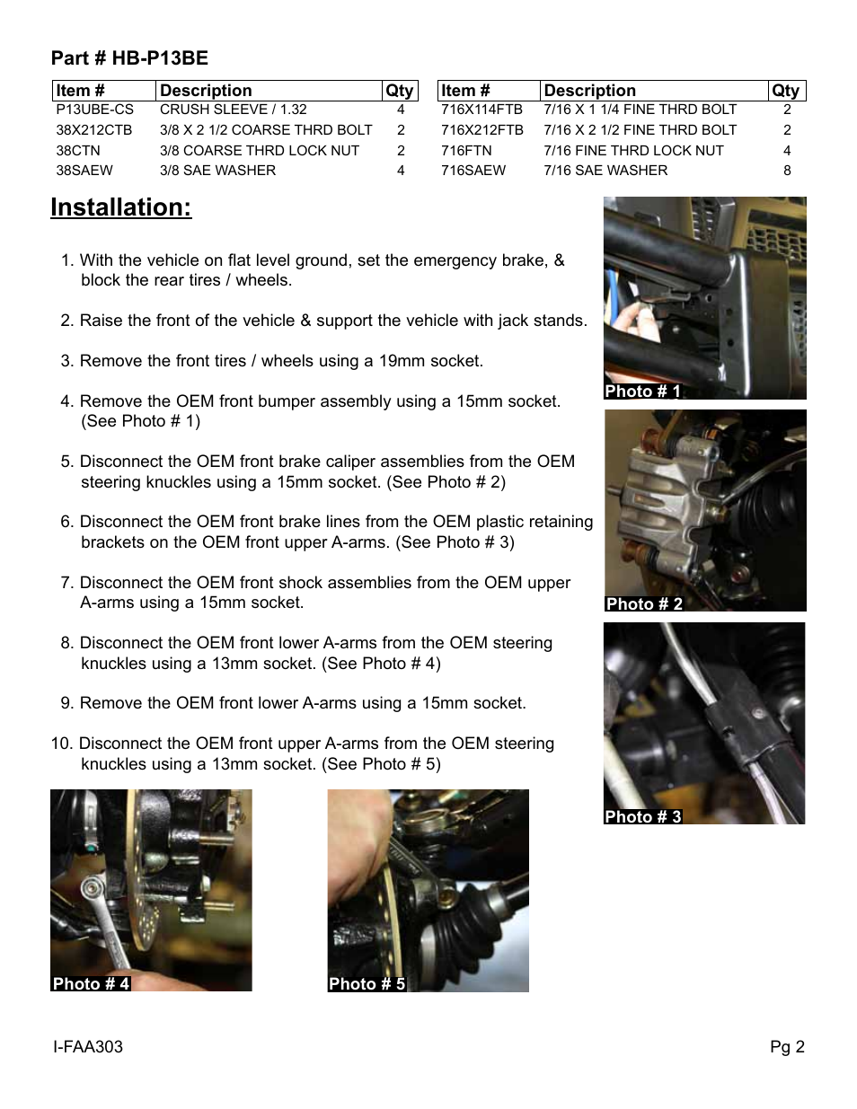 Installation, Part # hb-p13be | Skyjacker FAA303 User Manual | Page 2 / 6