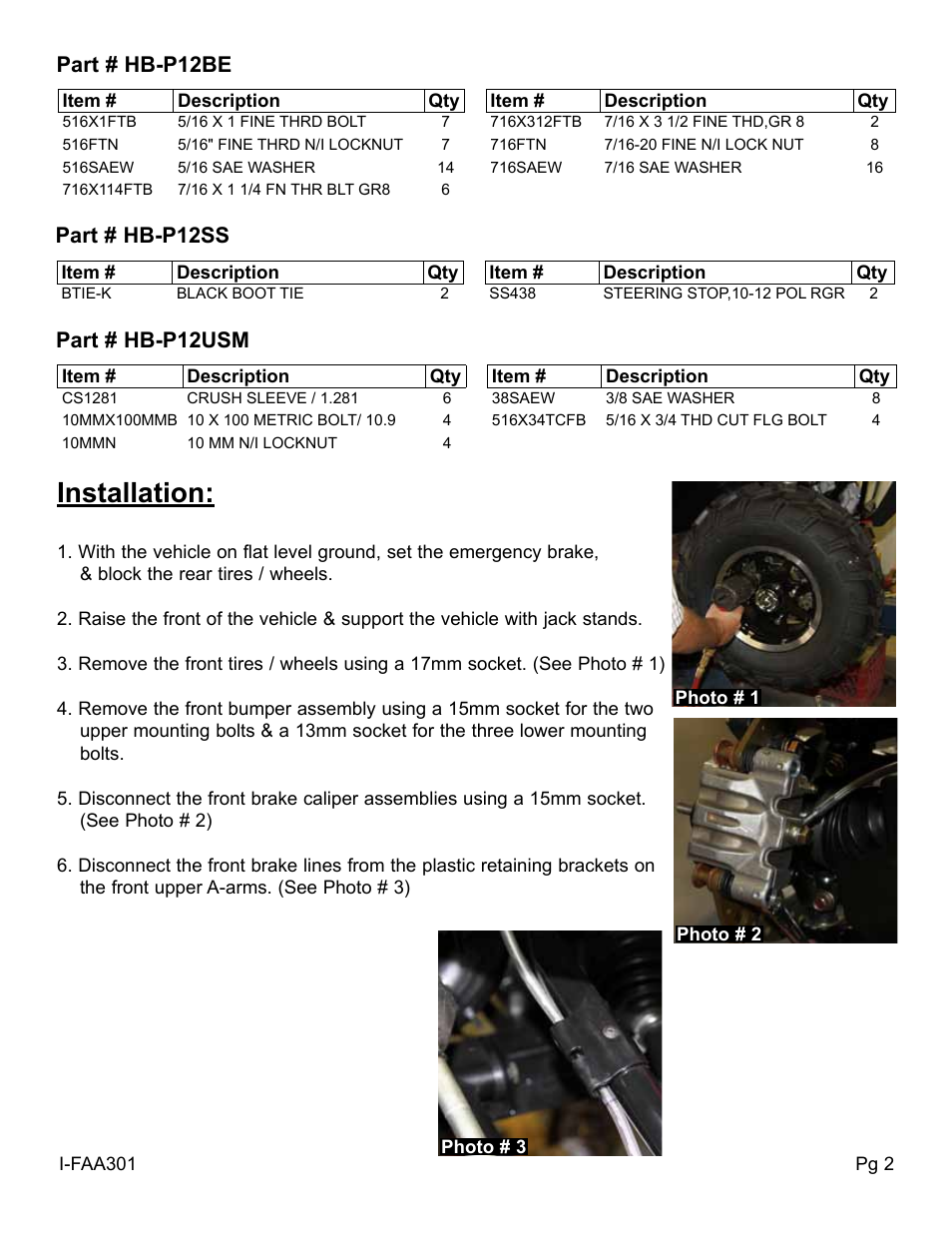 Installation, Part # hb-p12be, Part # hb-p12ss | Part # hb-p12usm | Skyjacker FAA301 User Manual | Page 2 / 8