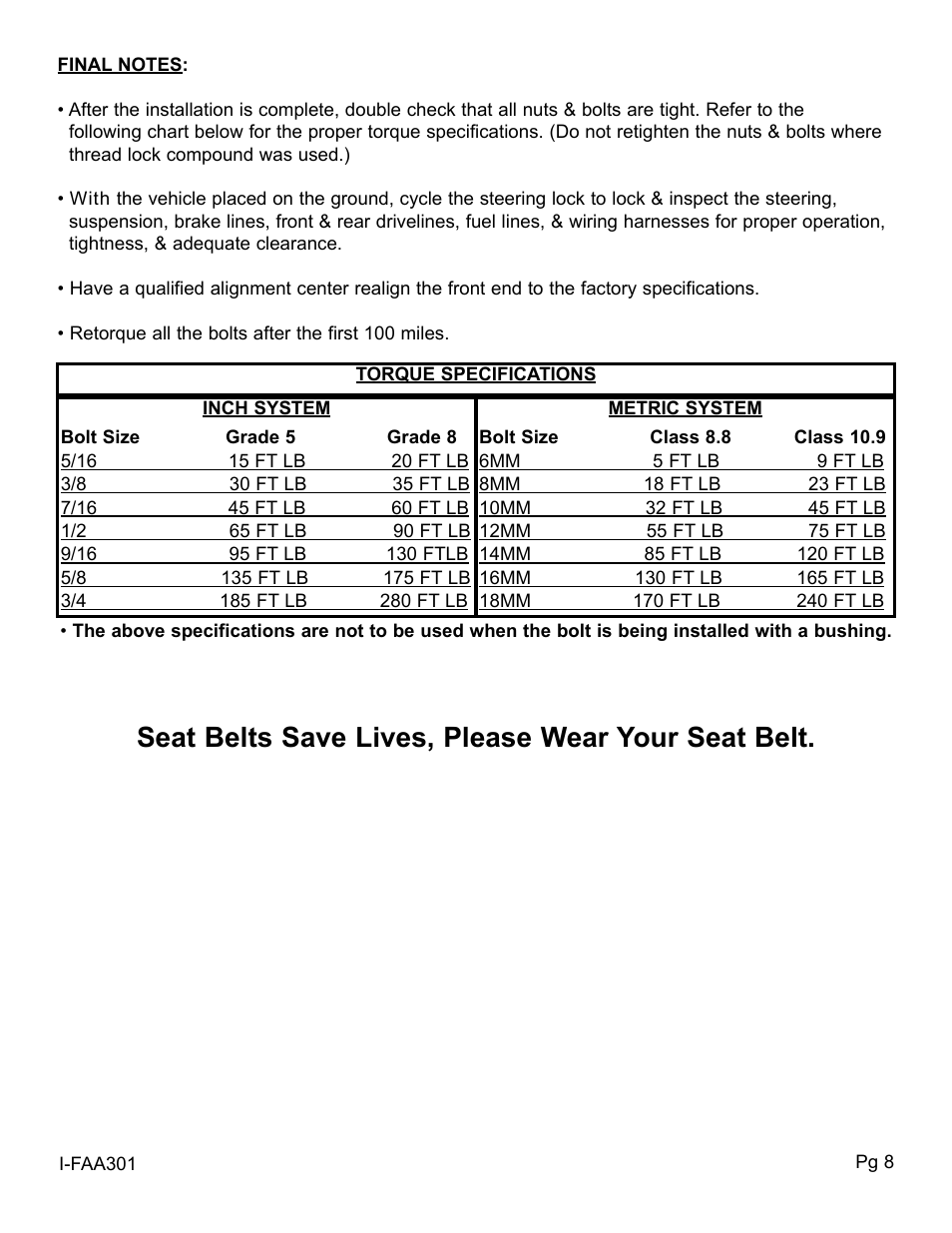 Seat belts save lives, please wear your seat belt | Skyjacker FAA301 User Manual | Page 8 / 8