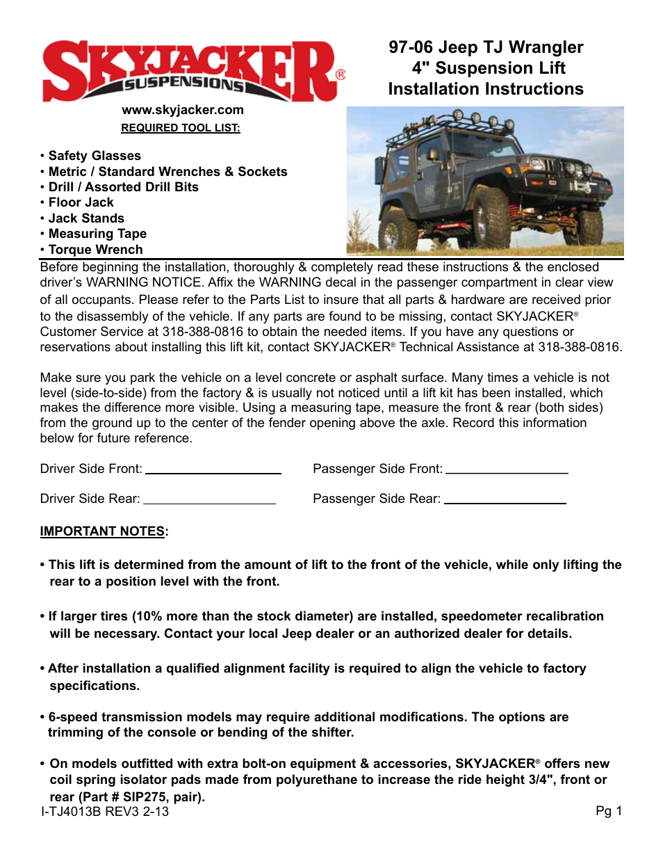 Skyjacker TJ403BPM User Manual | 10 pages