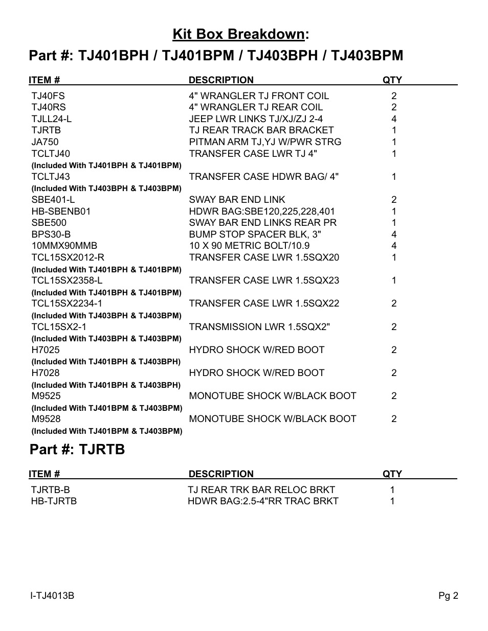 Part #: tjrtb | Skyjacker TJ403BPM User Manual | Page 2 / 10
