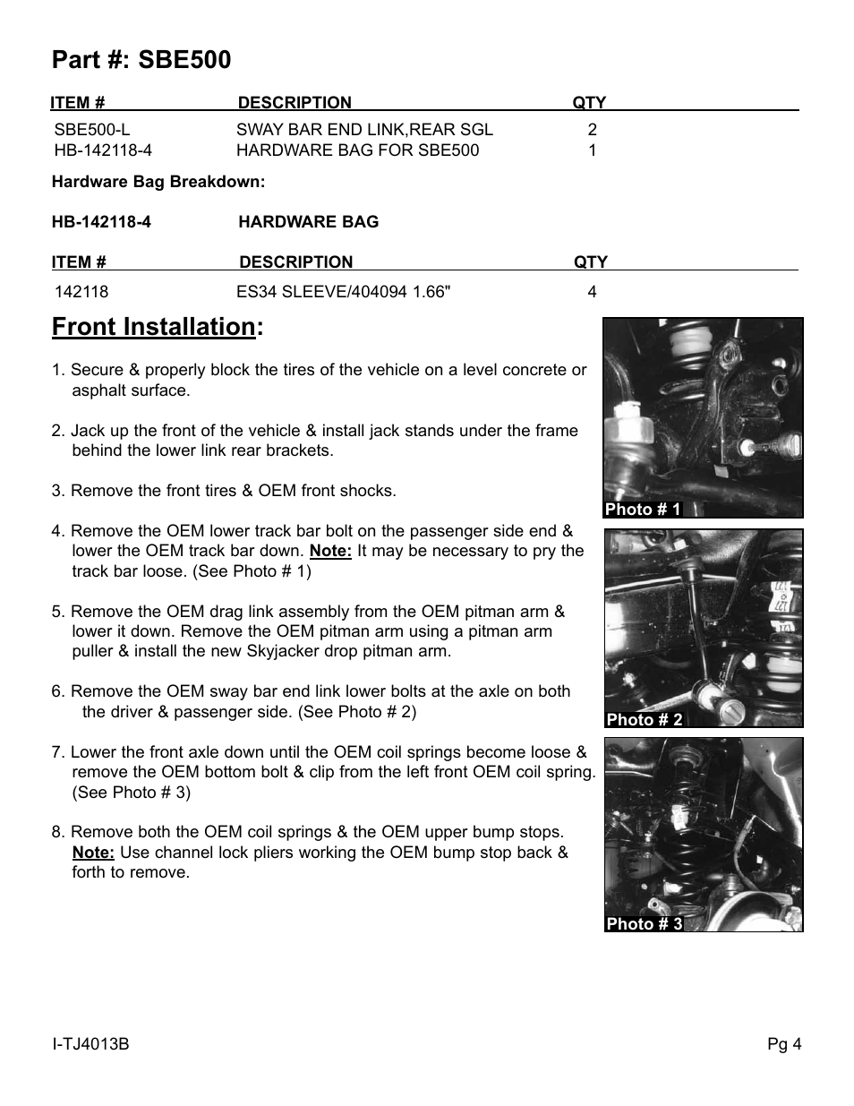 Part #: sbe500, Front installation | Skyjacker TJ403BPM User Manual | Page 4 / 10