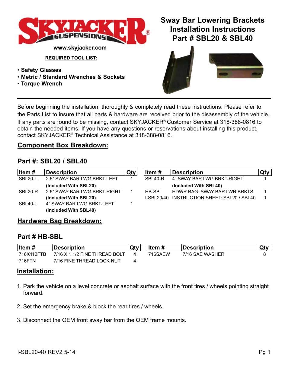 Skyjacker HB-SBL User Manual | 2 pages