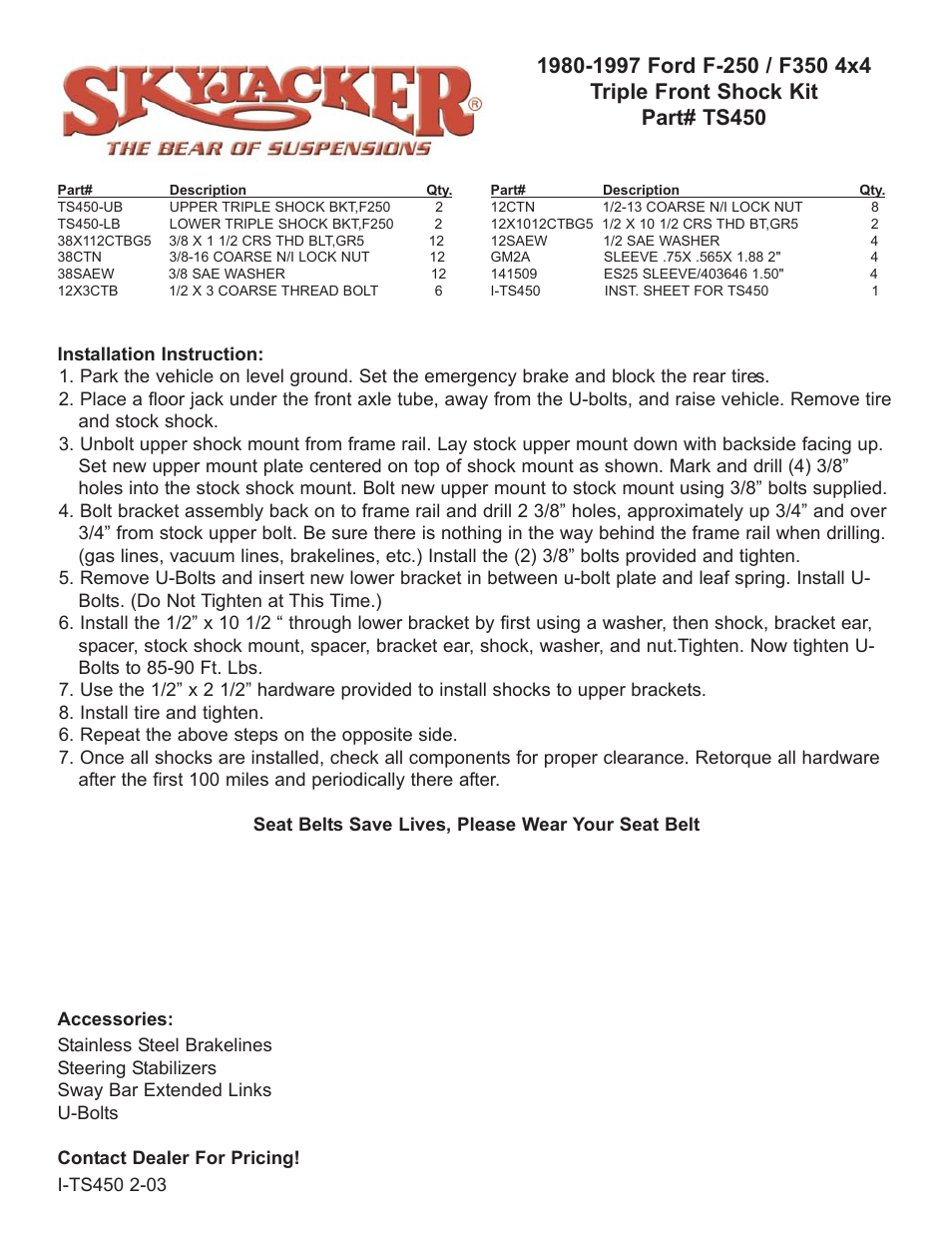 Skyjacker TS450 User Manual | 2 pages