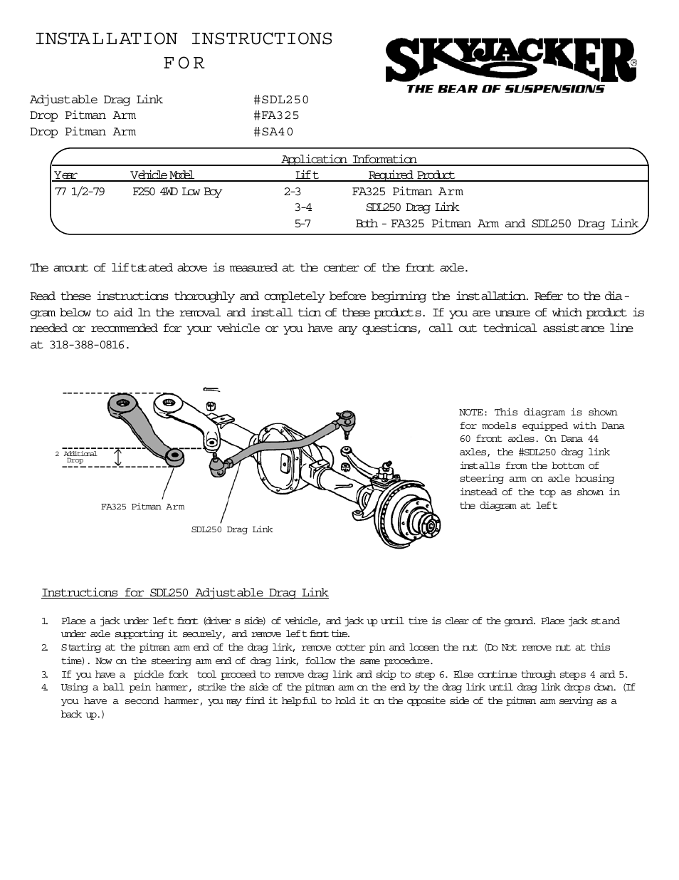 Skyjacker SDL250 User Manual | 2 pages