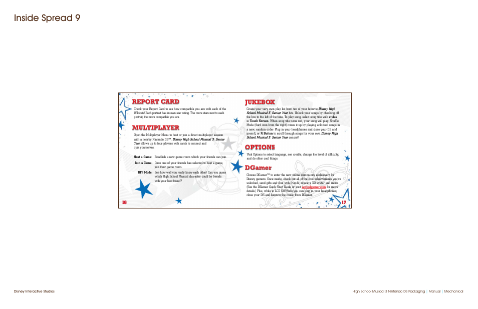 Inside spread 9, Options, Jukebox | Multiplayer, Report card dgamer | Disney Interactive Studios Disney High School Musical 3: Senior Year Nintendo DS NTR-CHME-USA User Manual | Page 10 / 10