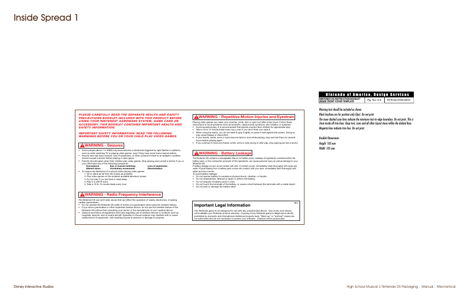 Inside spread 1, Important legal information, Warning - repetitive motion injuries and eyestrain | Warning - seizures, Disney interactive studios | Disney Interactive Studios Disney High School Musical 3: Senior Year Nintendo DS NTR-CHME-USA User Manual | Page 2 / 10