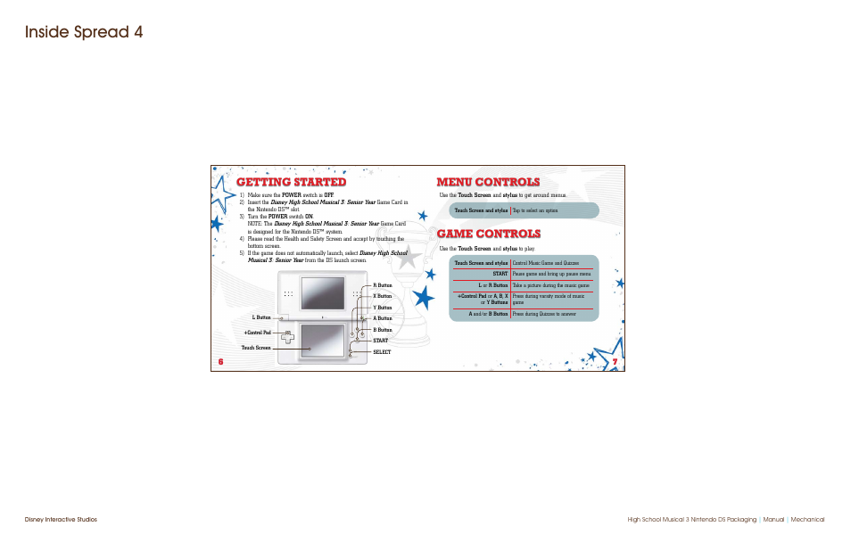 Inside spread 4, Getting started, Game controls | Menu controls | Disney Interactive Studios Disney High School Musical 3: Senior Year Nintendo DS NTR-CHME-USA User Manual | Page 5 / 10