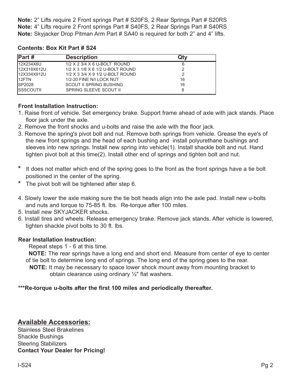 Available accessories | Skyjacker S40K User Manual | Page 2 / 2