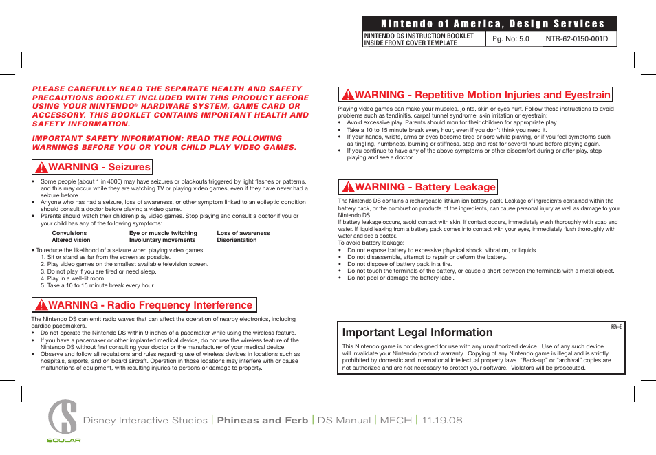 Important legal information, Warning - repetitive motion injuries and eyestrain, Warning - seizures | Disney Interactive Studios Disney Phineas and Ferb NTR-CFPE-USA User Manual | Page 2 / 13