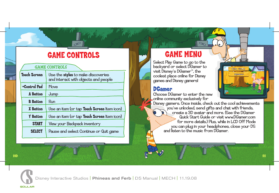 Game menu, Game controls, Dgamer | Disney Interactive Studios Disney Phineas and Ferb NTR-CFPE-USA User Manual | Page 6 / 13