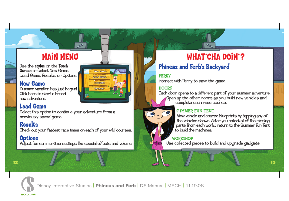 Main menu, What’cha doin, New game | Load game, Results, Options, Phineas and ferb’s backyard | Disney Interactive Studios Disney Phineas and Ferb NTR-CFPE-USA User Manual | Page 7 / 13