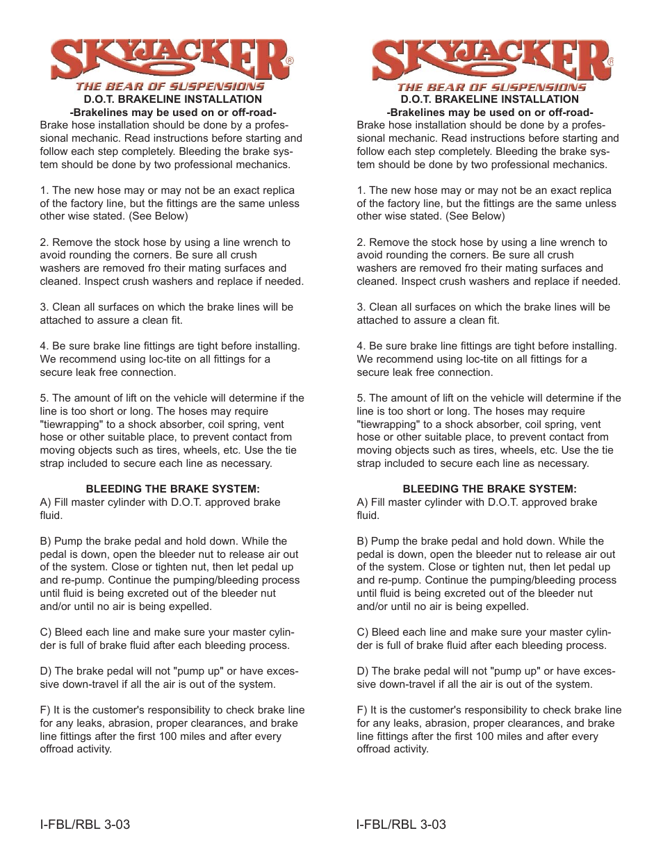 Skyjacker FBLxx D.O.T. BRAKELINE User Manual | 2 pages