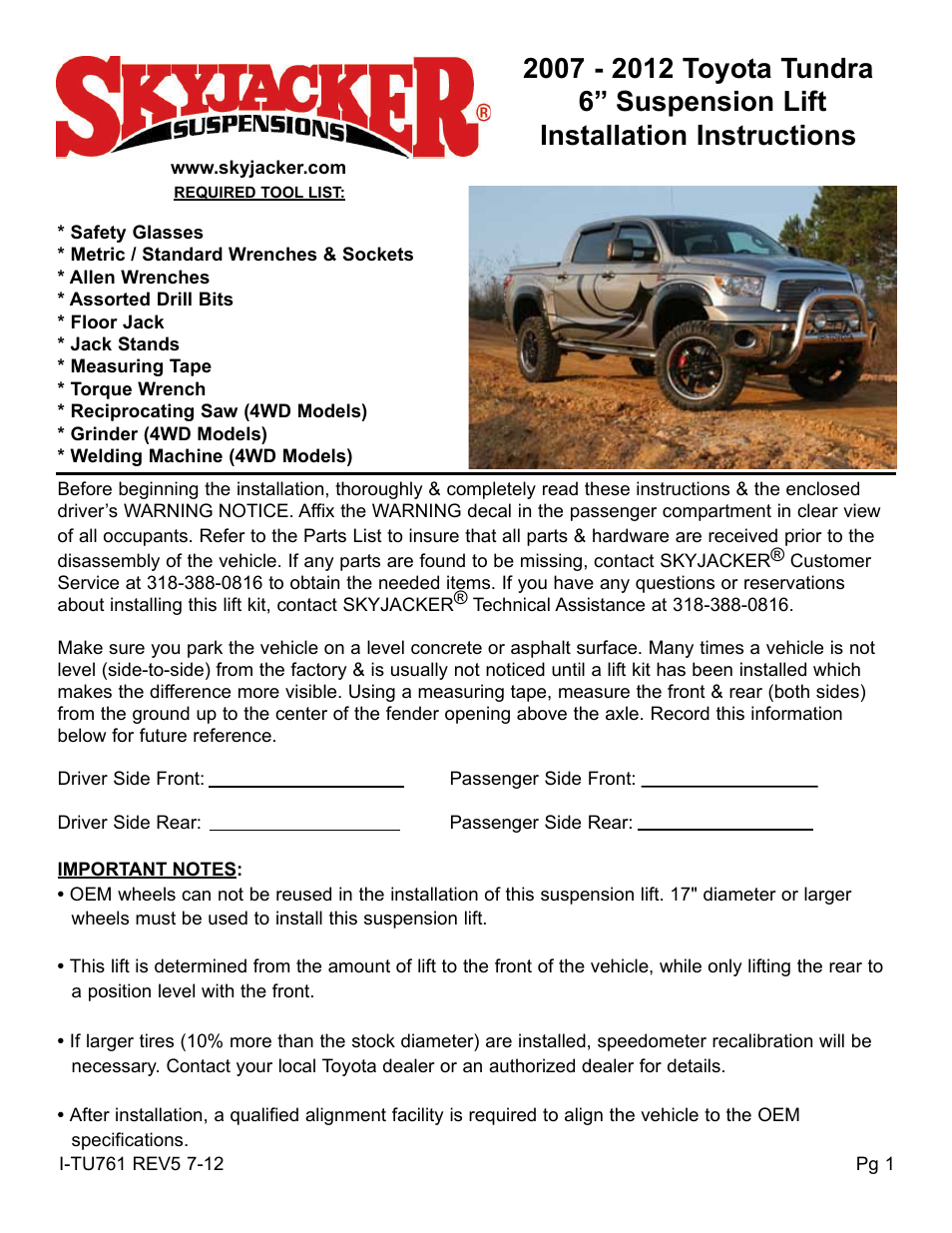 Skyjacker TU761PRS User Manual | 10 pages