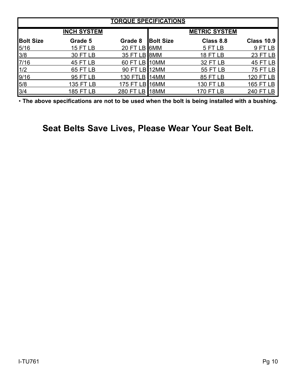 Seat belts save lives, please wear your seat belt | Skyjacker TU761PRS User Manual | Page 10 / 10