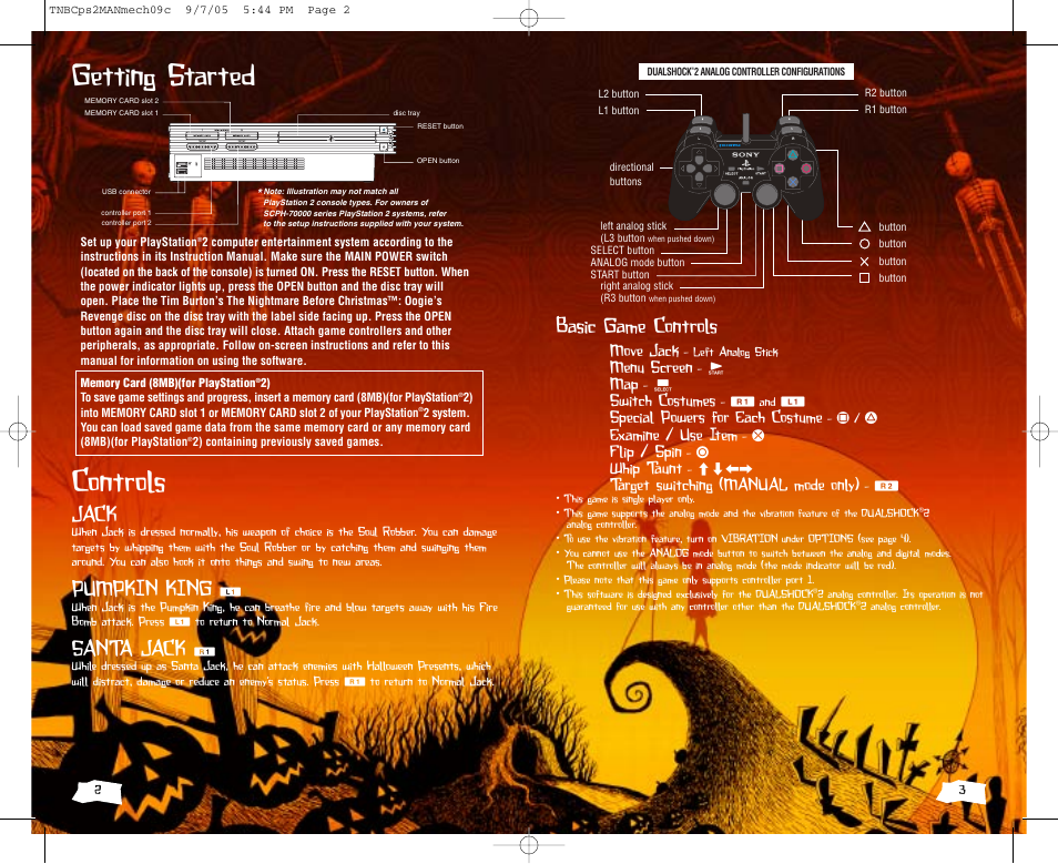 Getting started controls, Basic game controls, Jack | Pumpkin king, Santa jack, Move jack, Menu screen, Switch costumes, Special powers for each costume, Examine / use item | Disney SCPH-70000 User Manual | Page 2 / 10