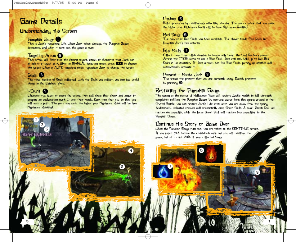 Game details, Restoring the pumpkin gauge, Continue the story or game over | Understanding the screen | Disney SCPH-70000 User Manual | Page 4 / 10