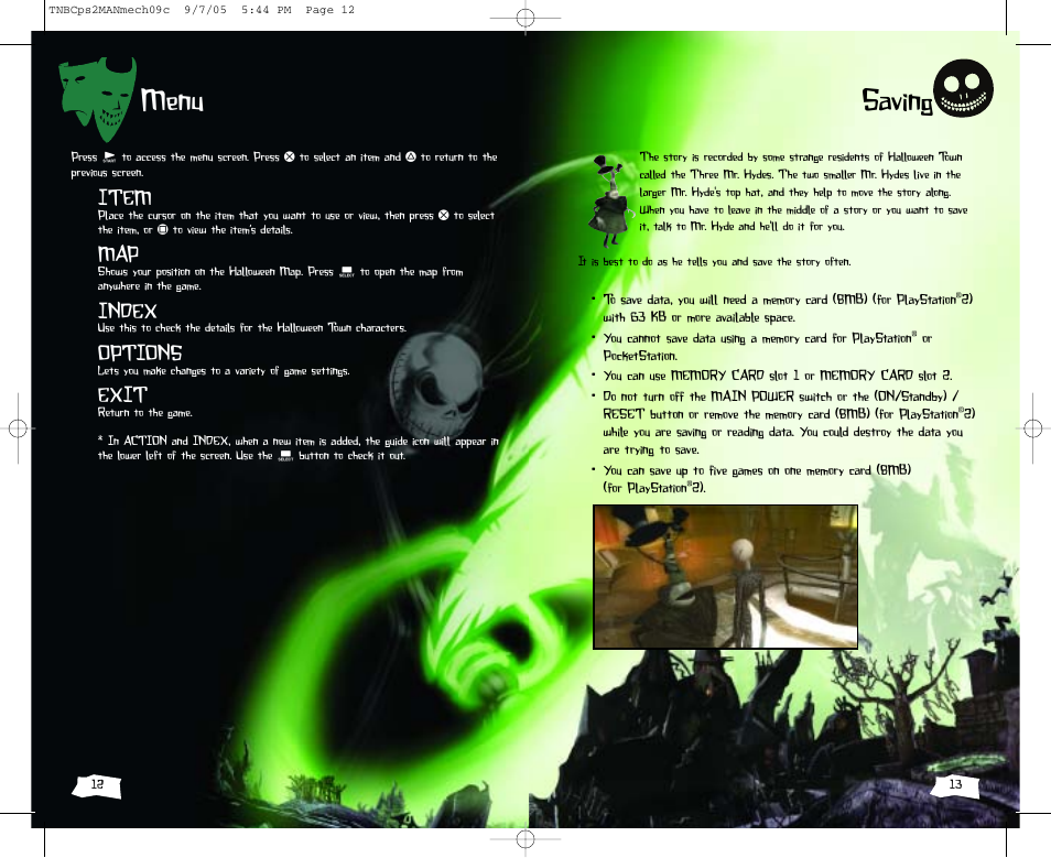 Saving, Menu, Item | Index, Options, Exit | Disney SCPH-70000 User Manual | Page 7 / 10