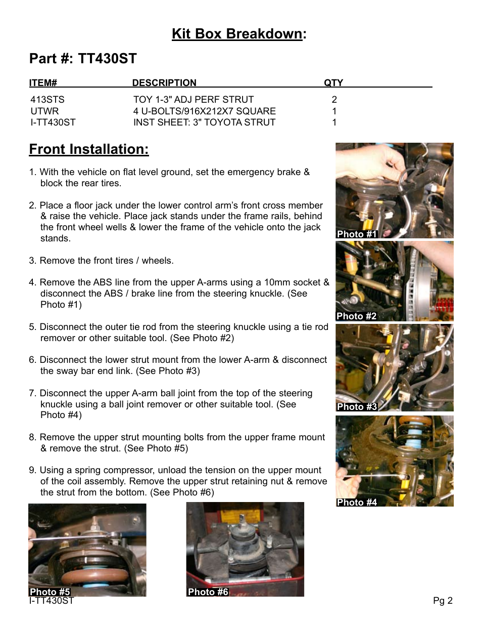 Front installation, Kit box breakdown, Part #: tt430st | Skyjacker TT413ST User Manual | Page 2 / 4