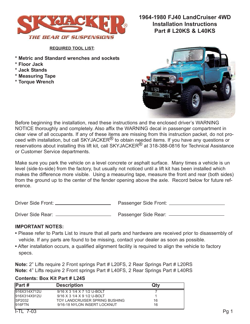 Skyjacker L40KS User Manual | 2 pages
