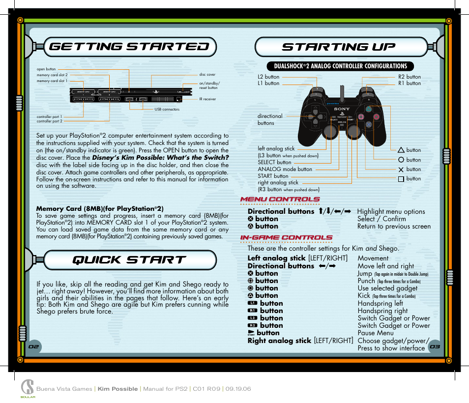 Getting started quick start starting up, Menu controls, In-game controls | Disney Interactive Studios Kim Possible: What's the Switch for PlayStation 2 User Manual | Page 3 / 10