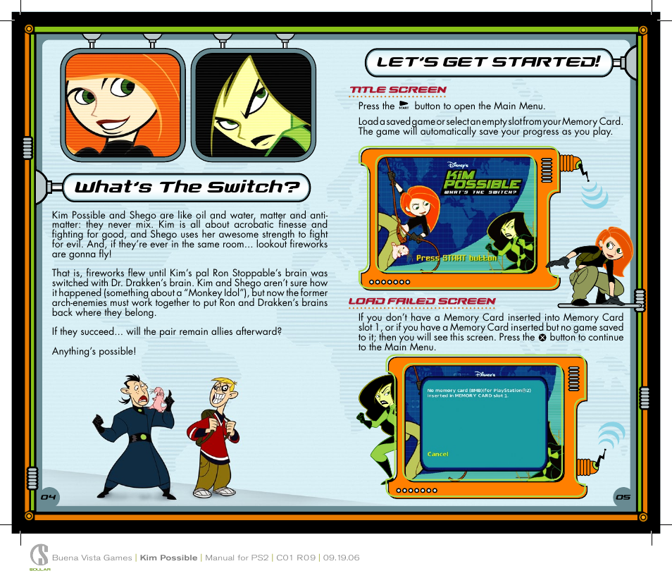 What’s the switch, Let’s get started, Title screen | Load failed screen | Disney Interactive Studios Kim Possible: What's the Switch for PlayStation 2 User Manual | Page 4 / 10