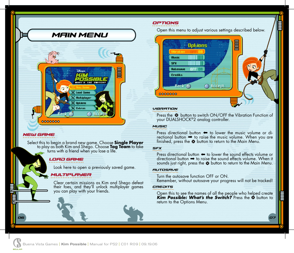 Main menu, Options, New game | Load game, Multiplayer, Vibration, Music, Autosave, Credits | Disney Interactive Studios Kim Possible: What's the Switch for PlayStation 2 User Manual | Page 5 / 10