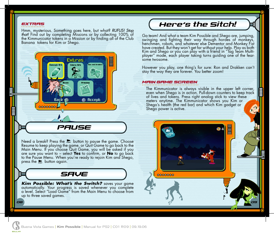 Extras, Main game screen | Disney Interactive Studios Kim Possible: What's the Switch for PlayStation 2 User Manual | Page 6 / 10