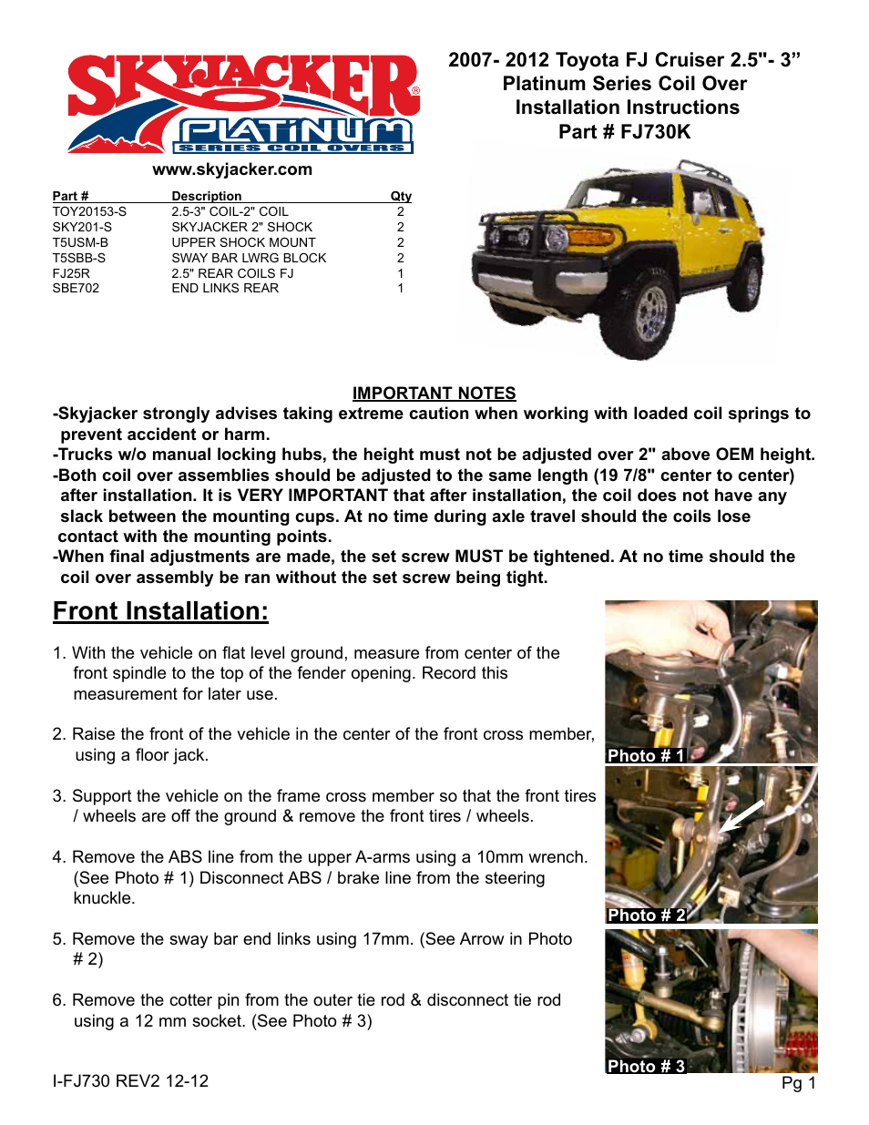 Skyjacker FJ730K User Manual | 4 pages