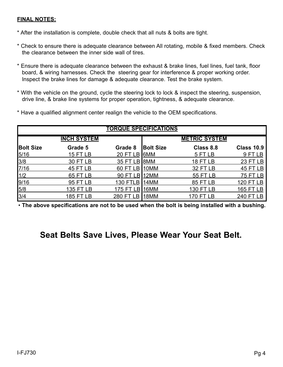 Seat belts save lives, please wear your seat belt | Skyjacker FJ730K User Manual | Page 4 / 4
