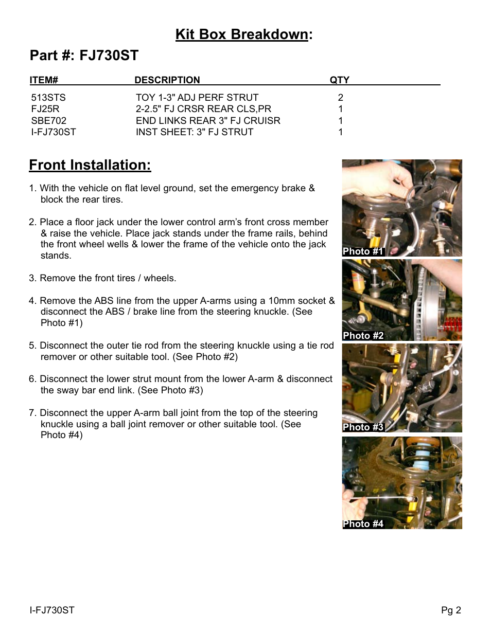 Front installation, Kit box breakdown: part #: fj730st | Skyjacker FJ730ST User Manual | Page 2 / 5