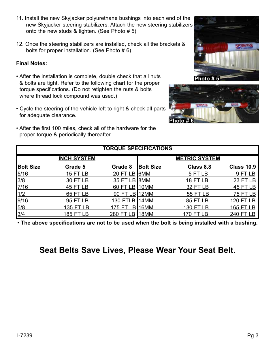 Seat belts save lives, please wear your seat belt | Skyjacker 9239 User Manual | Page 3 / 4