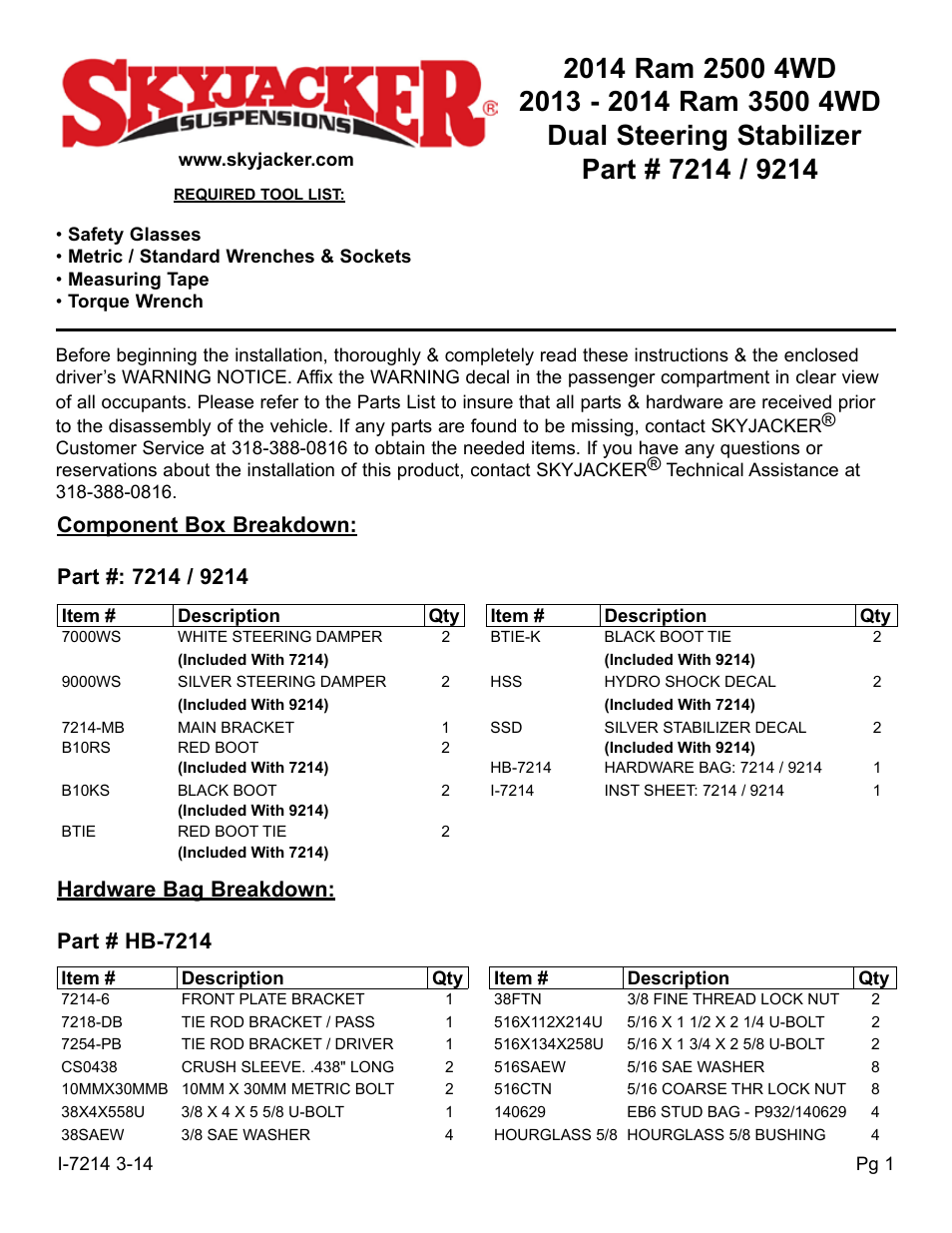 Skyjacker 9214 User Manual | 4 pages