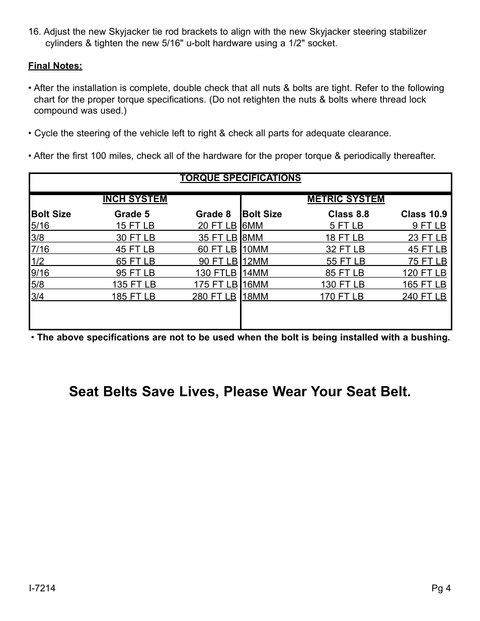 Seat belts save lives, please wear your seat belt | Skyjacker 9214 User Manual | Page 4 / 4