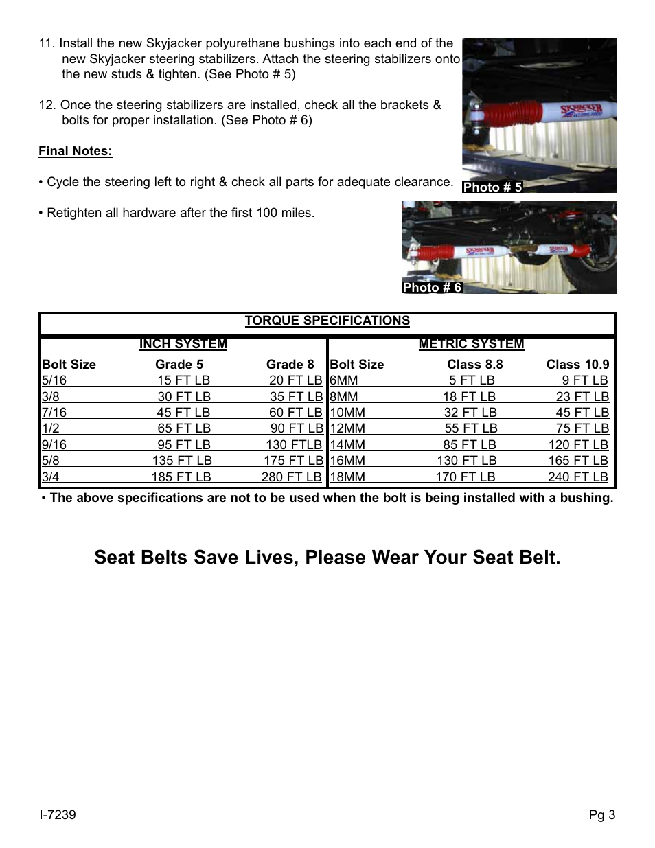 Seat belts save lives, please wear your seat belt | Skyjacker 7239 User Manual | Page 3 / 4
