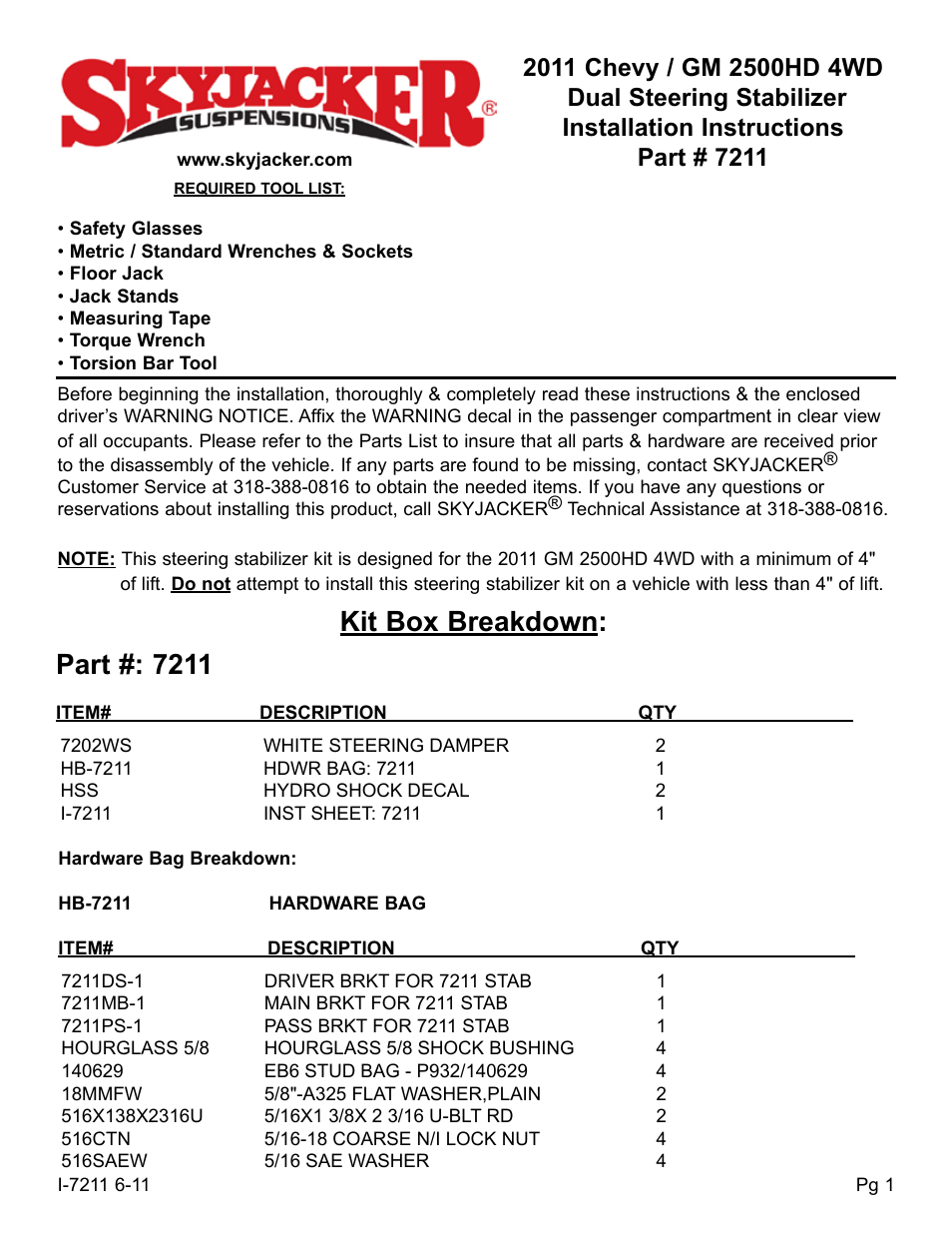 Skyjacker 7211 User Manual | 4 pages