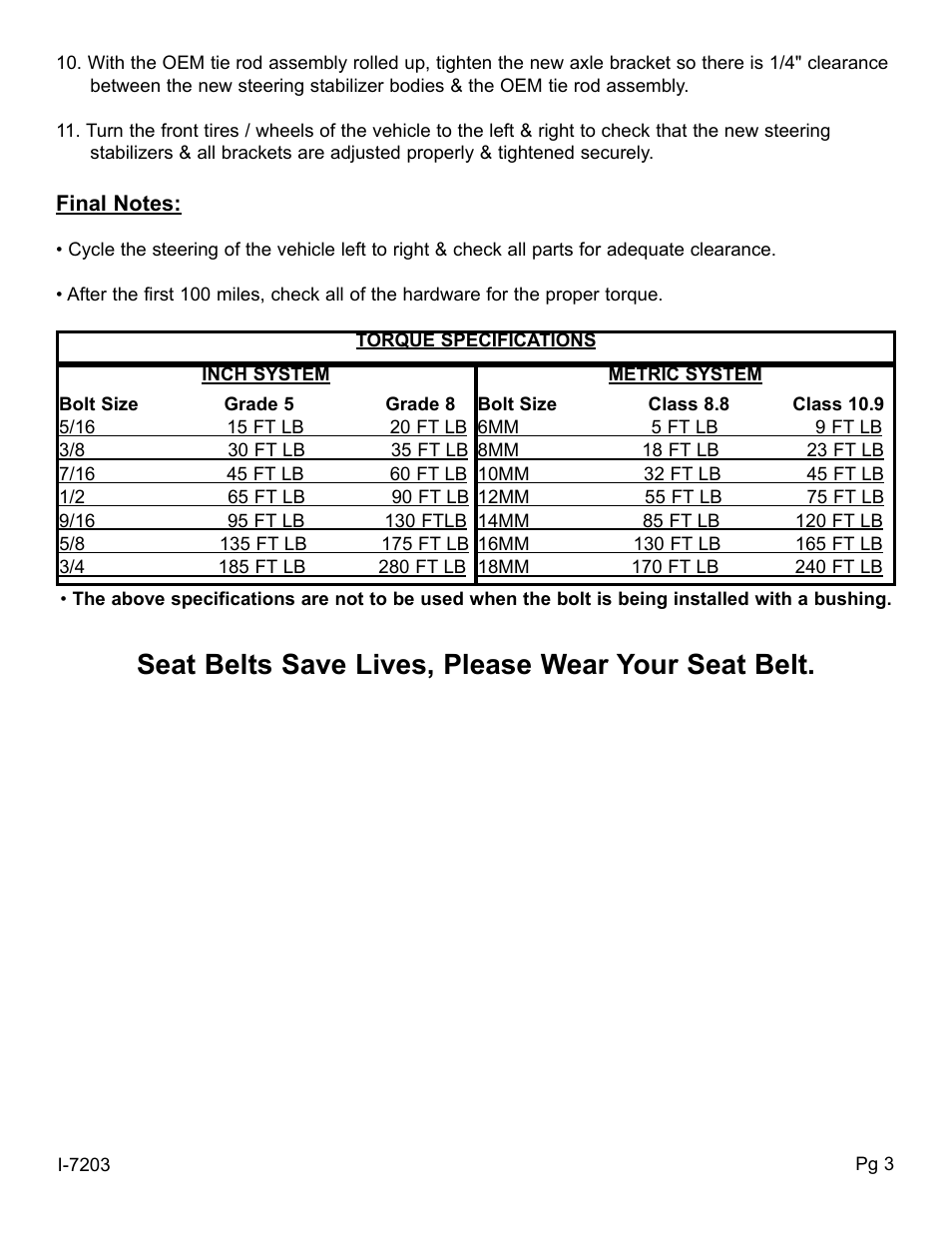 Seat belts save lives, please wear your seat belt | Skyjacker 9203 User Manual | Page 3 / 4