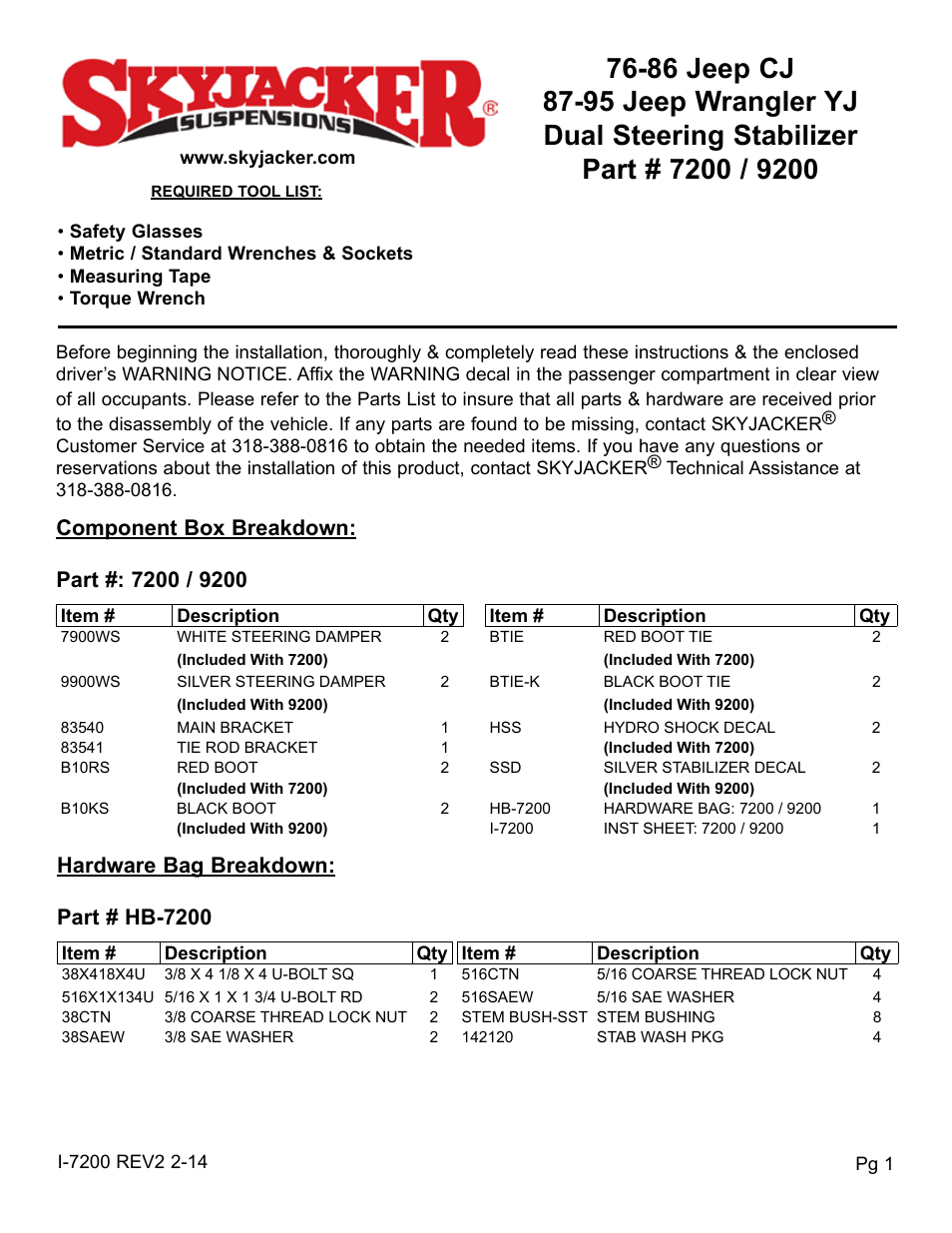 Skyjacker 9200 User Manual | 4 pages