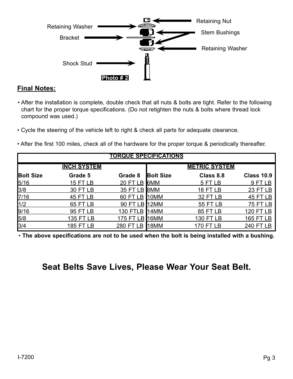 Seat belts save lives, please wear your seat belt | Skyjacker 9200 User Manual | Page 3 / 4