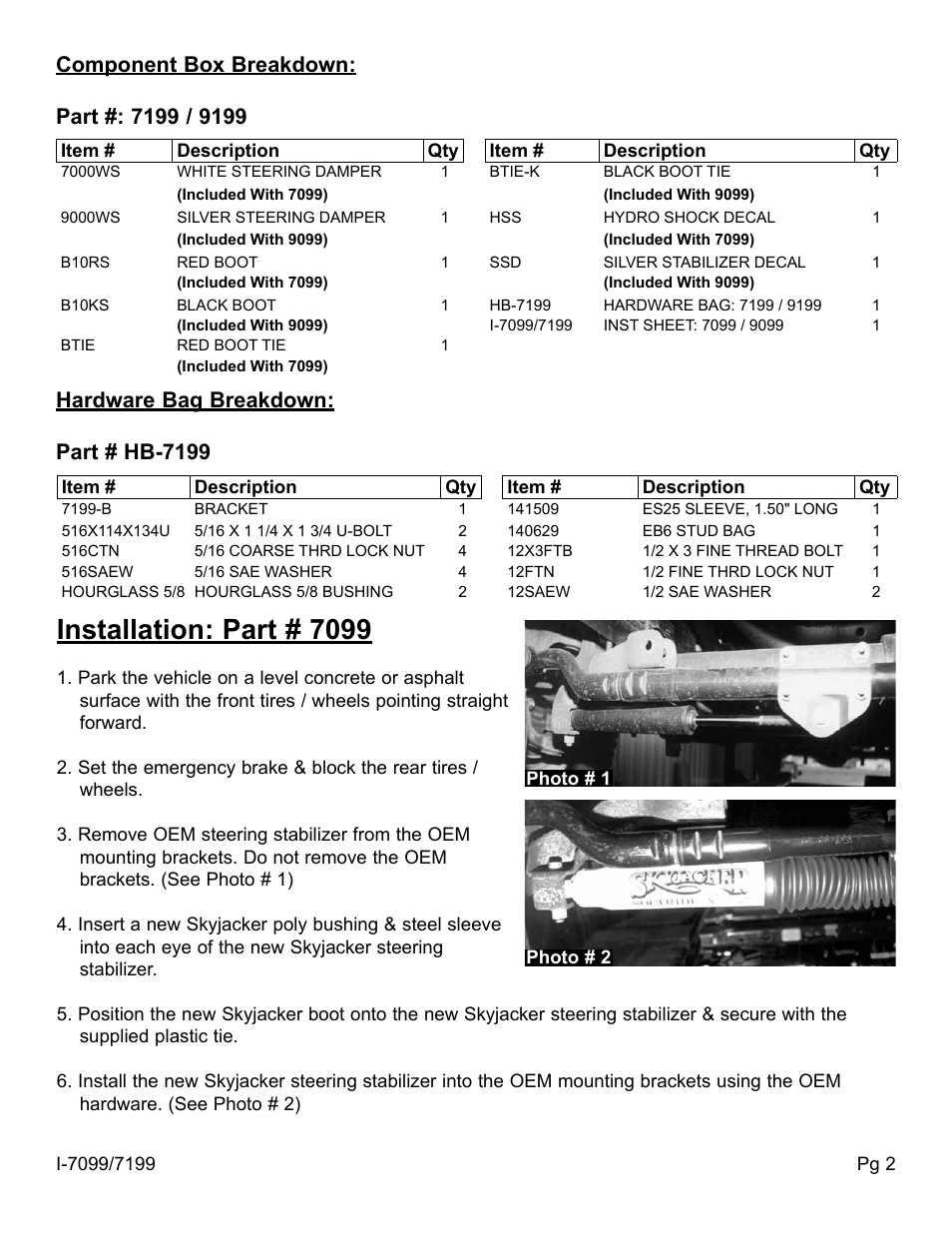 Installation: part # 7099, Hardware bag breakdown: part # hb-7199 | Skyjacker HB-7199 User Manual | Page 2 / 4