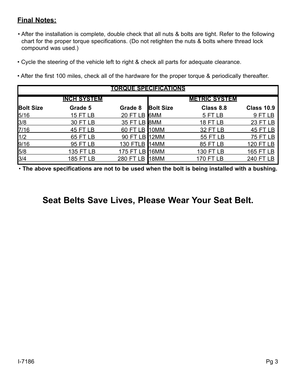 Seat belts save lives, please wear your seat belt | Skyjacker 9186 User Manual | Page 3 / 4