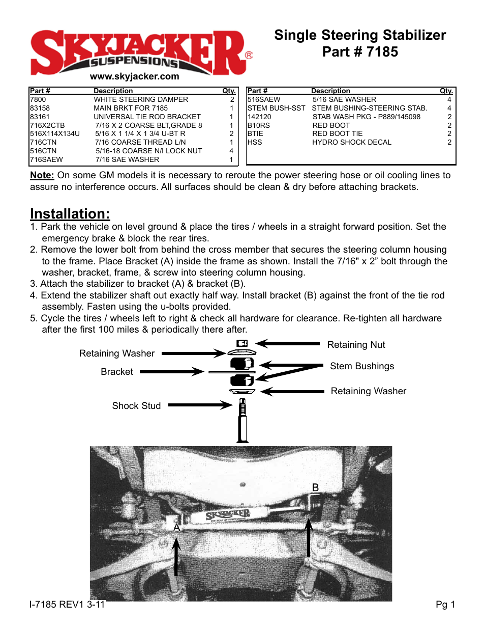 Skyjacker 7185 User Manual | 2 pages