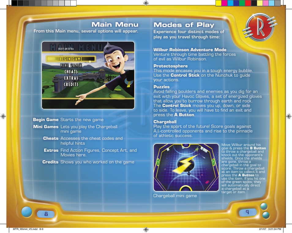 Modes of play, Main menu | Disney Interactive Studios Disney's Meet the Robinsons User Manual | Page 5 / 13