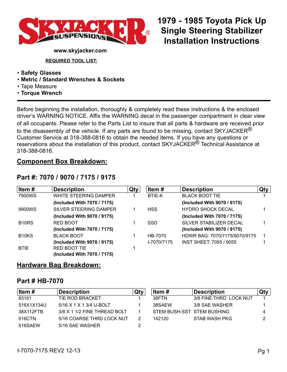 Skyjacker 7070 User Manual | 4 pages