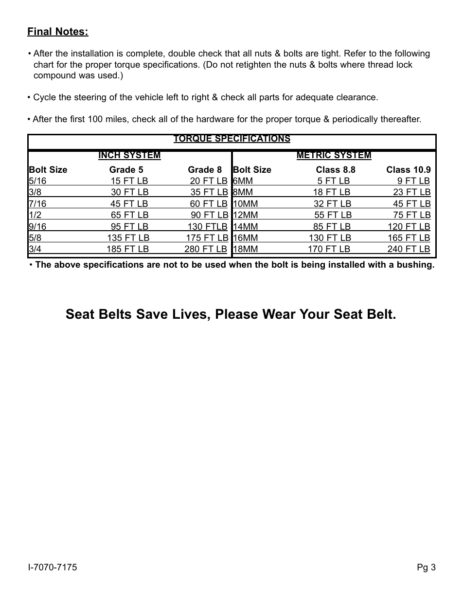 Seat belts save lives, please wear your seat belt | Skyjacker 7070 User Manual | Page 3 / 4